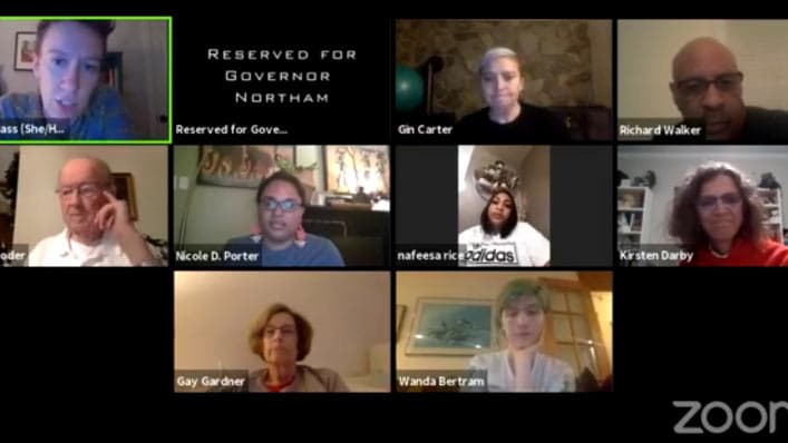 A photo of a virtual meeting of the COVID-19 Justice Coalition.